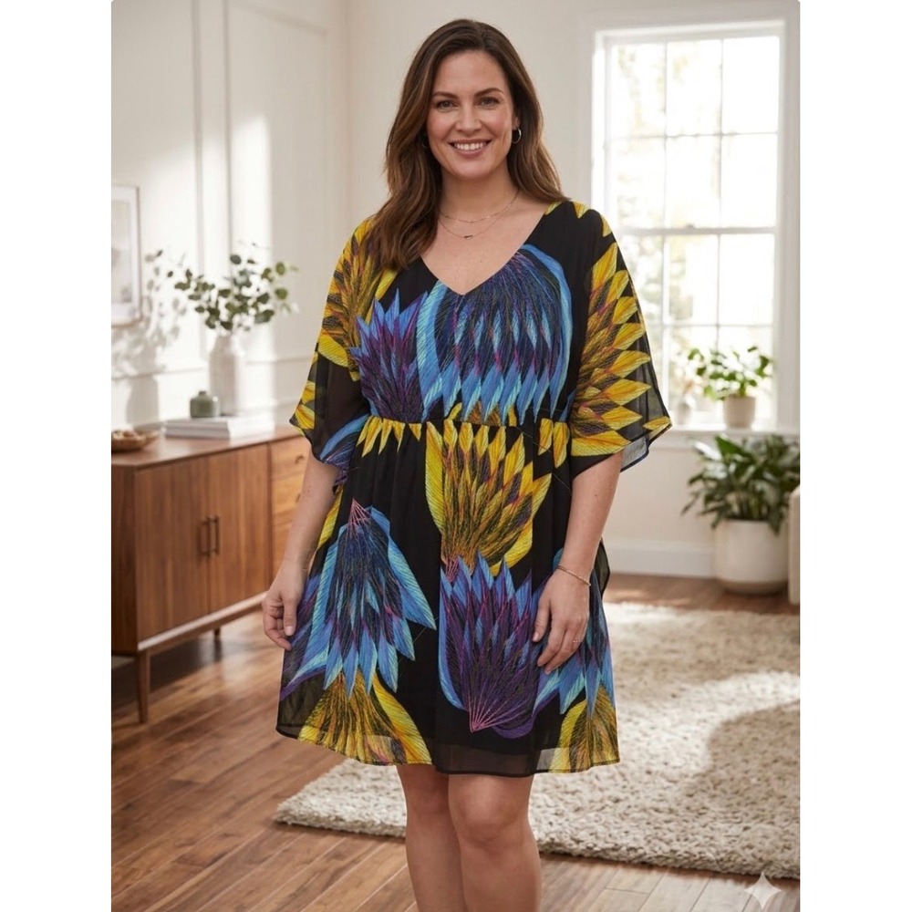Mini Dress Womens 26/28 Blue Yellow V Neck Floral Kimono Sleeve Sheer Tropical
